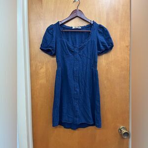 Elodie navy button down Puff Sleeve mini dress
